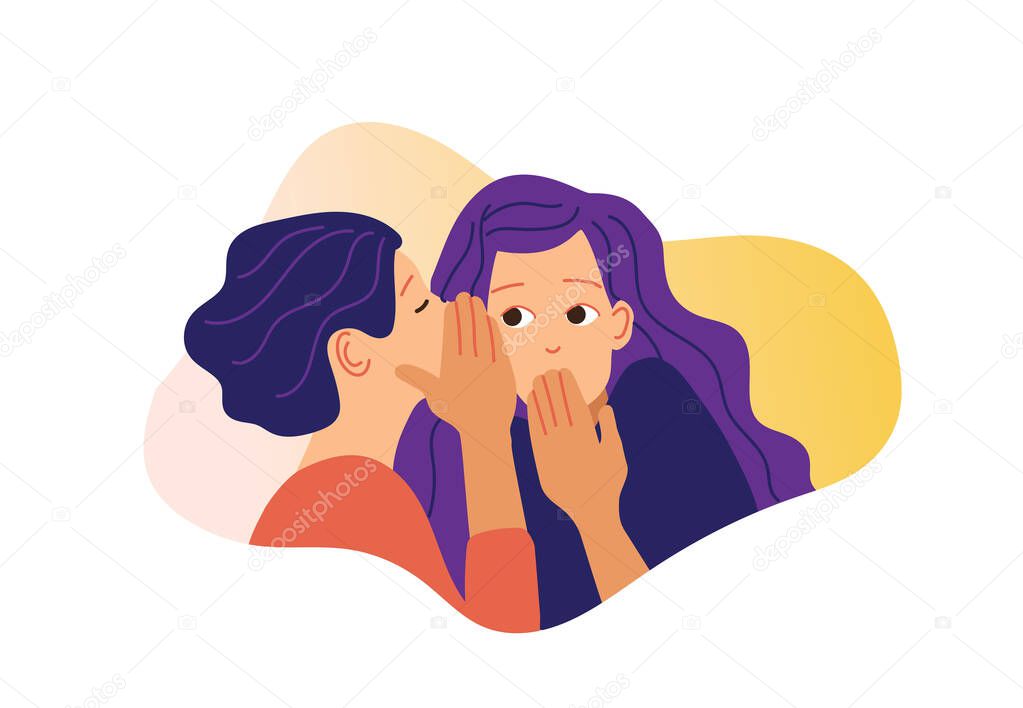 Gossip vector illustration. One excited girl whispers secret to girlfriend.