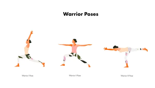 Yoga. Tre krigare poserar. Kvinnors hälsa. Yoga asanas. Vektor tecknad illustration. — Stock vektor