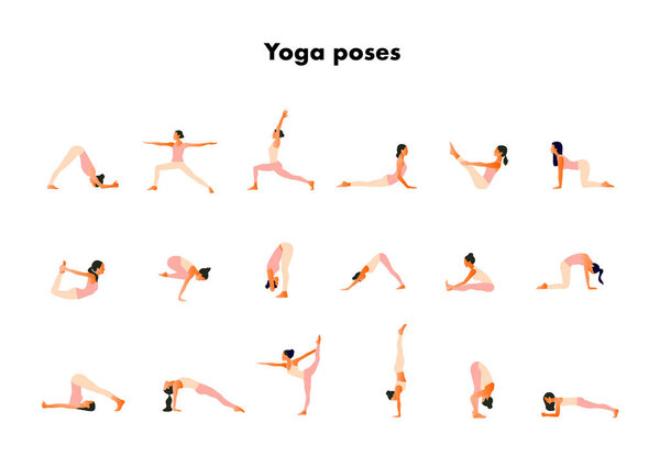  Tiny women performing yoga poses. Women practicing asanas and pelvic floor exercises. 