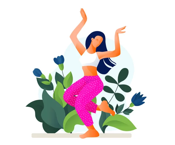 Menina dança feliz ou mulher dançando em fitness estúdio vetor ilustração . —  Vetores de Stock