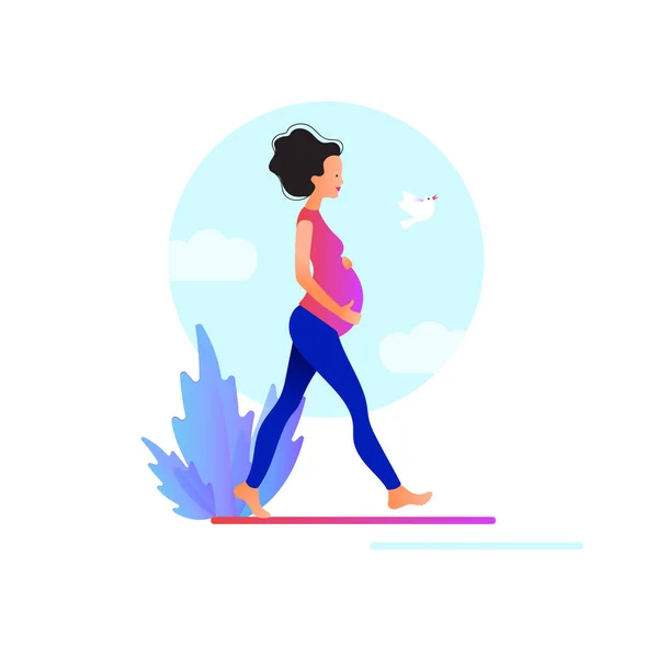 Pregnant woman walking. Active well fitted pregnant female character. — Stock Vector