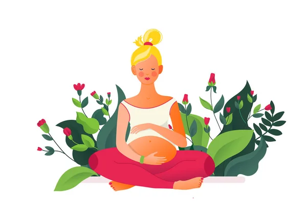 Pregnant woman doing yoga. Active well fitted pregnant female character. — 스톡 벡터