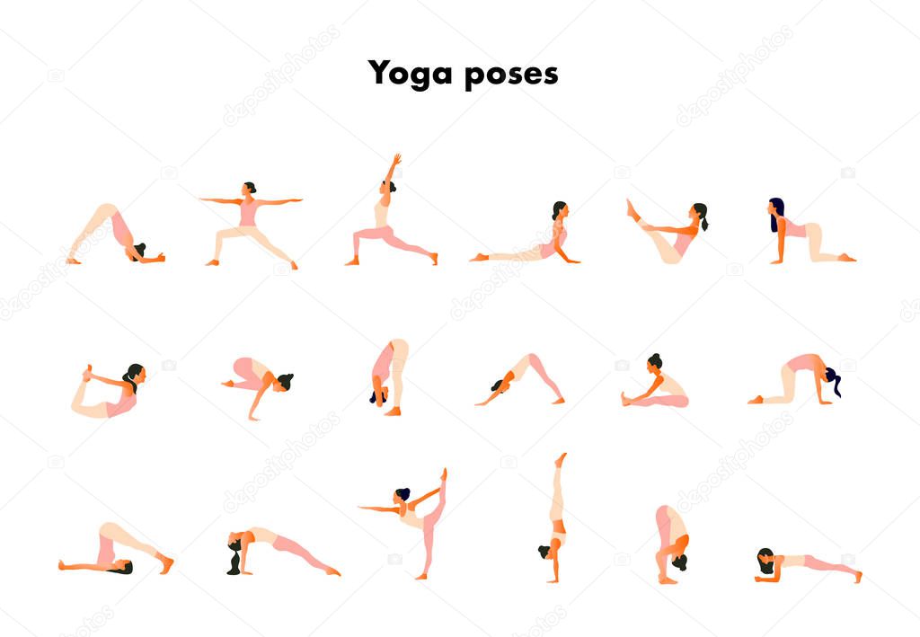  Tiny women performing yoga poses. Women practicing asanas and pelvic floor exercises. 