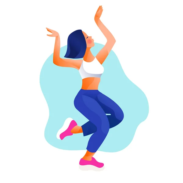 Feliz chica bailarina saltando. Mujer bailando en fitness studio vector ilustración . — Archivo Imágenes Vectoriales