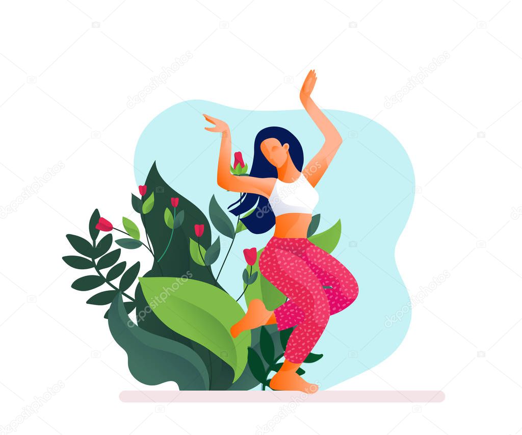 Happy dancing girl or woman dancing in fitness studio vector illustration.