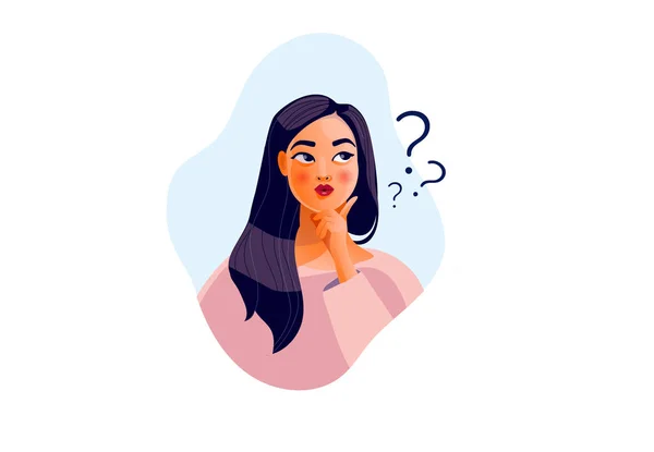 Thinking girl. Beautiful face, doubts, problems, thoughts, emotions. Curious woman — Stock Vector