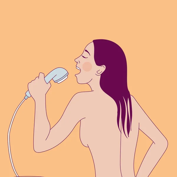 年轻漂亮的女人在淋浴间唱歌。 赤裸裸的女孩梦想着成为浴室里的流行歌星. — 图库矢量图片