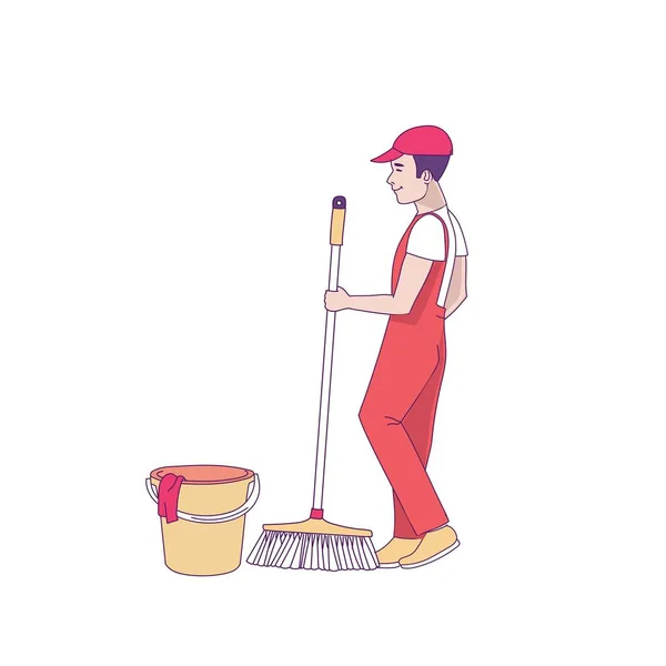 Mężczyzna w mundurze z mopem myjący podłogę. — Wektor stockowy