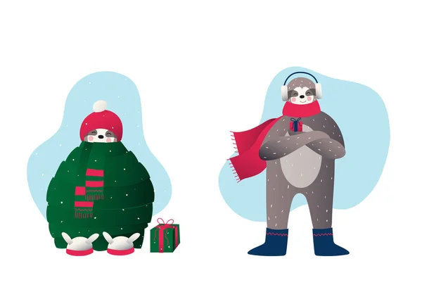 Zima, Boże Narodzenie lub Nowy Rok. Cute leniwy lenistwo w zimie tkaniny trzyma — Wektor stockowy