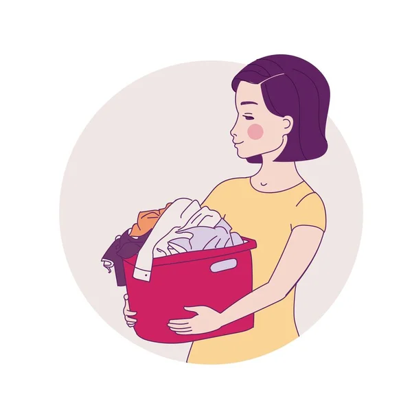 Mulher transportando cesta de lavanderia. Ilustração da linha vetorial . — Vetor de Stock