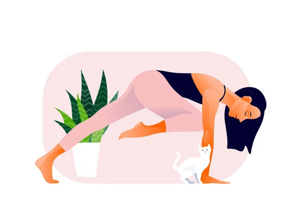 Mujer practicando ejercicio de yoga, pose de yoga. Día Internacional del Yoga . — Vector de stock