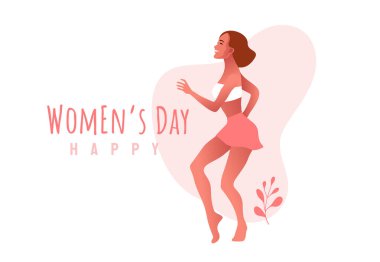 International Women s Day. 8 March. Happy sexy girl in oink dress dancing in the street.  clipart