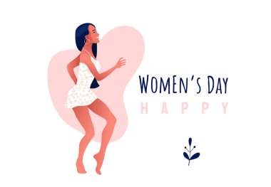 International Women s Day. 8 March. Happy sexy girl in oink dress dancing in the street.  clipart