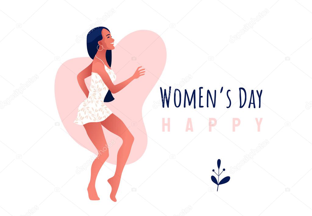 International Women s Day. 8 March. Happy sexy girl in oink dress dancing in the street. 