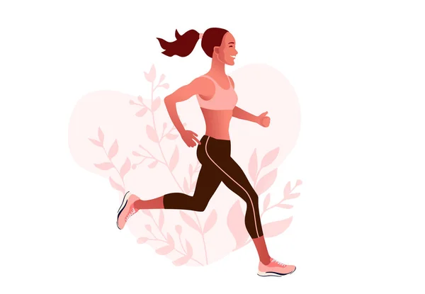 Slim fitted woman running outdoor in sportswear. Summer morning jogging. — Stock vektor
