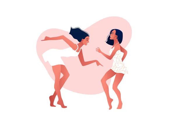 Día Internacional de la Mujer. 8 de marzo. Feliz chica sexy en vestido de oink bailando en la calle . — Archivo Imágenes Vectoriales