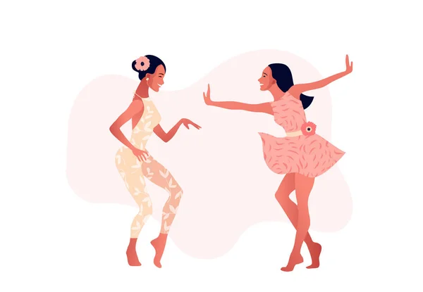 International Womens Day. 8 March. Happy sexy girls in pink dresses dancing in the street. — Stock Vector