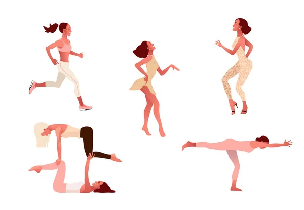 Eine Reihe aktiver positiver Frauen, die einen gesunden Lebensstil praktizieren, Yoga-Übungen machen, Sport treiben, — Stockvektor