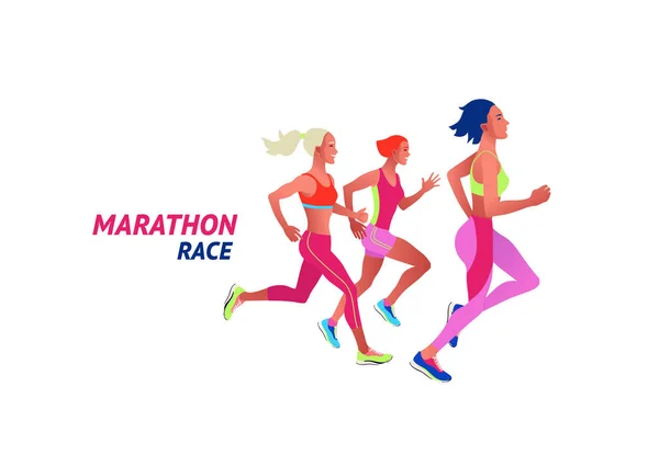 Corriendo gente. Mujeres corriendo o corriendo maratón al aire libre . — Vector de stock