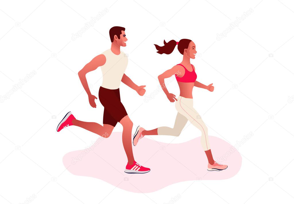 Happy couple running. Man and woman on morning jogging. 