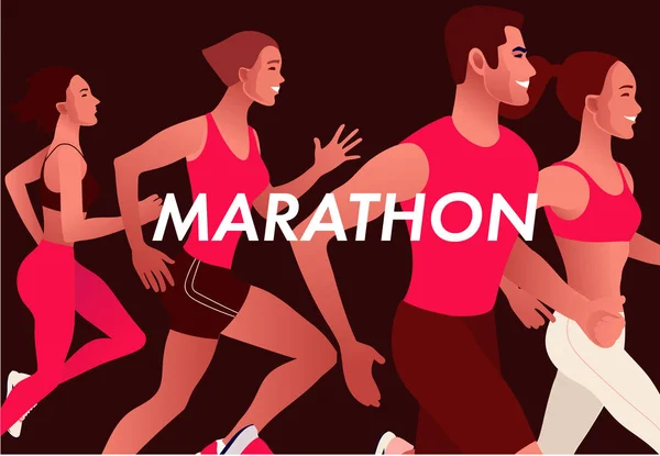 Att driva multinationella företag. Män och kvinnor joggar eller springer maraton utomhus. — Stock vektor