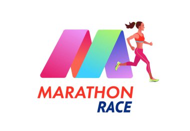 Koşan kadın. Maraton logosu gibi bir şablon. Spor yarışması