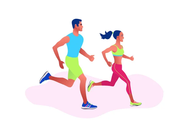 Pareja feliz corriendo. Hombre y mujer en jogging de la mañana . — Vector de stock