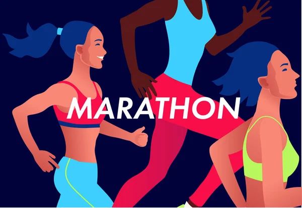 Kierowanie wielonarodowymi ludźmi. Mężczyźni i kobiety biegają lub biegają maraton na świeżym powietrzu. — Wektor stockowy