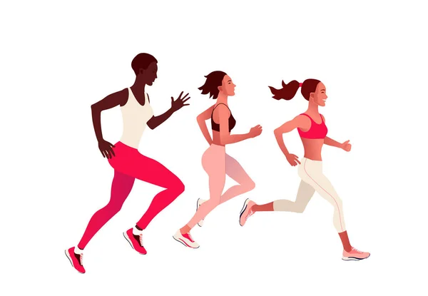 Çok uluslu insanları yönetiyor. Erkekler ve kadınlar dışarıda koşuyor ya da maraton koşuyor.. — Stok Vektör