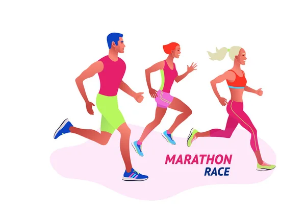 Att driva multinationella företag. Män och kvinnor joggar eller springer maraton utomhus. — Stock vektor