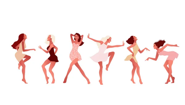Παγκόσμια Ημέρα της Γυναίκας. 8 Μαρτίου. Ευτυχισμένο, σέξι κορίτσι με φόρεμα, που χορεύει στο δρόμο.. — Διανυσματικό Αρχείο
