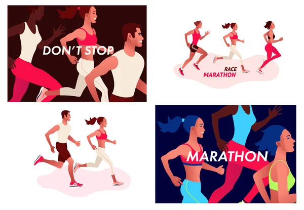 Çok uluslu insanları yönetiyor. Erkekler ve kadınlar dışarıda koşuyor ya da maraton koşuyor.. — Stok Vektör