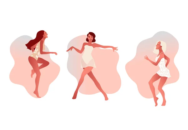 Filles ou amis sexy heureux dansant et riant en belle lingerie ou maillots de bain . — Image vectorielle