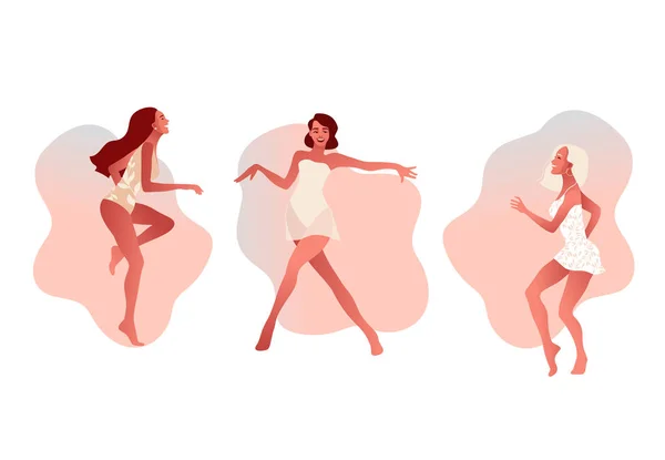 Feliz sexy niñas o amigos bailando y riendo en ropa interior hermosa o trajes de baño . — Archivo Imágenes Vectoriales