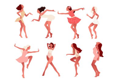 Uluslararası Kadınlar Günü. 8 Mart. Oink elbiseli mutlu seksi kız sokakta dans ediyor.. 