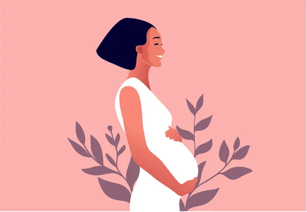 Счастливая беременная женщина держит живот. Векторная иллюстрация. — стоковый вектор