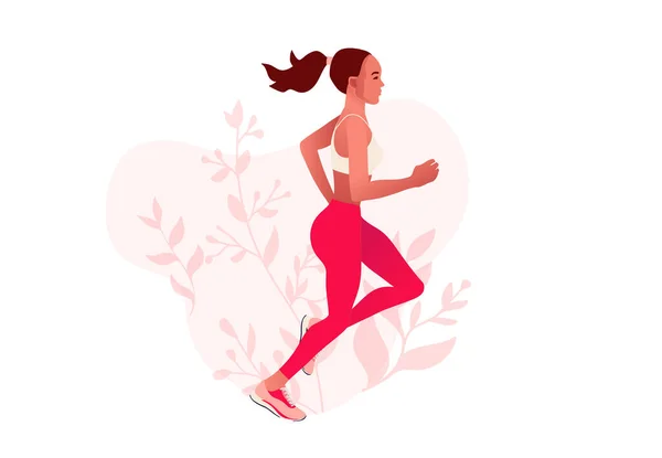 Mujer ajustada corriendo al aire libre en ropa deportiva. Mañana de verano trotando . — Vector de stock