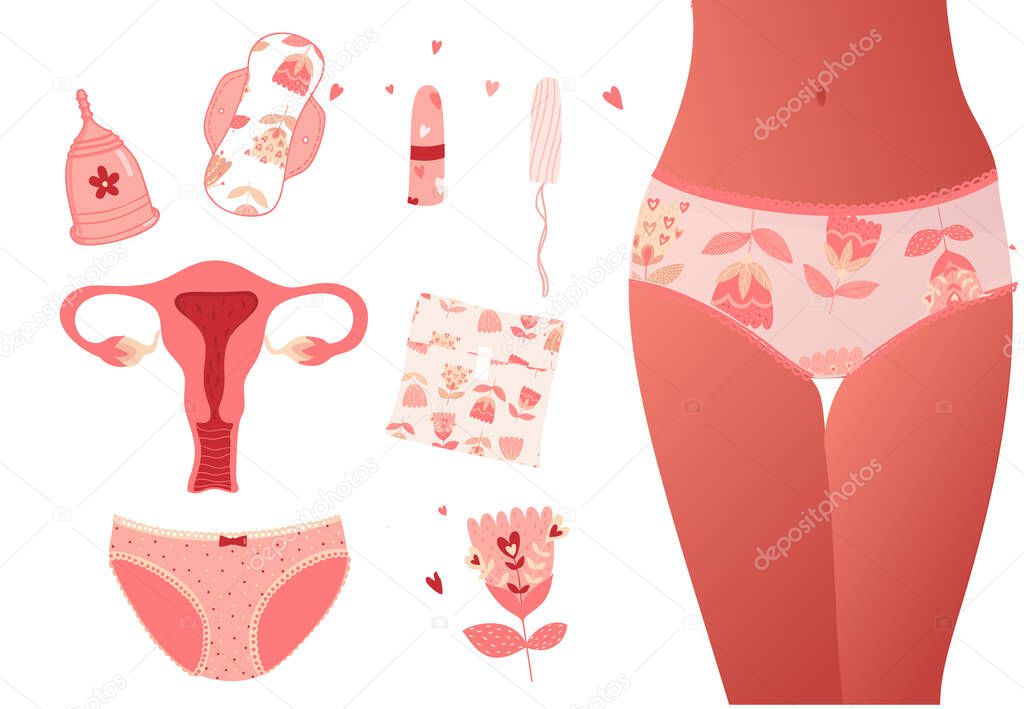 Vector set of female hygiene products. Menstrual cup, tampons, pads, panties, calendar of menstrual cycle