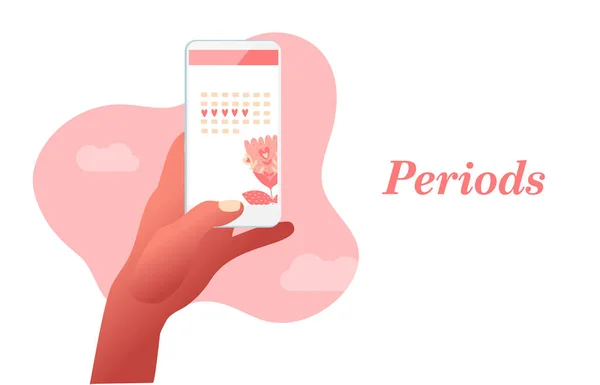 Handhållen smartphone med mobil applikation. Tidsplan för menstruationscykeln. — Stock vektor