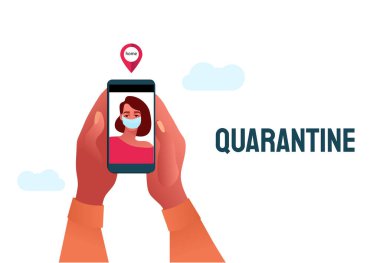2019-Ncov karantinası. Koruyucu maskeli üzgün kadın telefon ekranında.. 