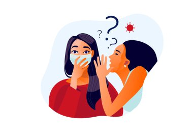 2019-ncov quarantine. Two girls gossiping. Sad woman in protective mask.  clipart