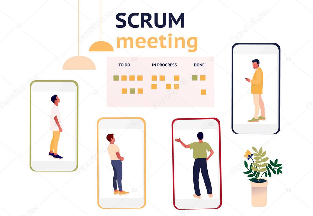 Stand-up meeting vector illustration. Scrum master with team.