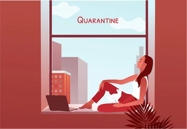 2019-ncov Quarantäne. Frau schaut aus dem Fenster — Stockvektor