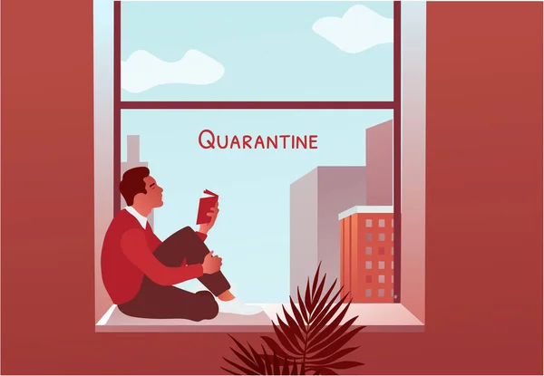 2019-ncov Quarantäne. Mann liest Buch am Fenster. Aussperrung zu Hause. — Stockvektor