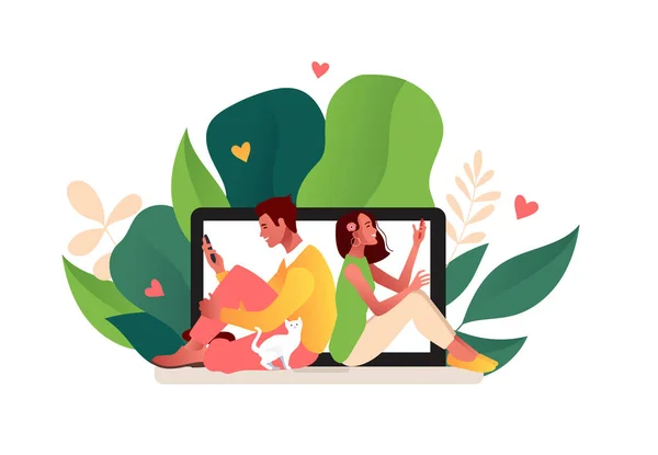 Virtuele relaties en online dating en social networking concept. — Stockvector