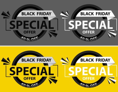 Siyah ve beyaz renkli siyah cuma günü için özel teklif. Şablon, indirimli uygulama simgesi, vektör illüstrasyonu.