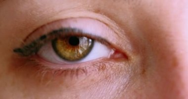 Göze yakın çekim. Göz bebekleri büyür. Durağan video. Kadın göz kırpıyor, kameraya bakıyor.