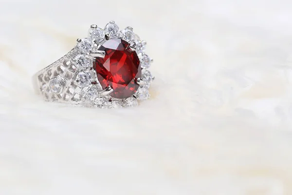 Red gemstone on diamond ring , Ruby gem — Stock Photo, Image