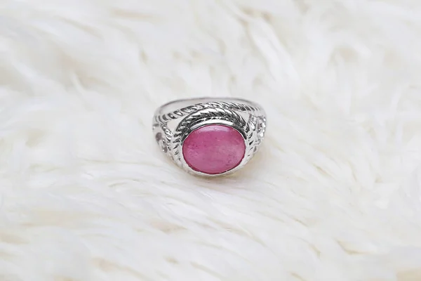 Pink stone on silver ring — 스톡 사진