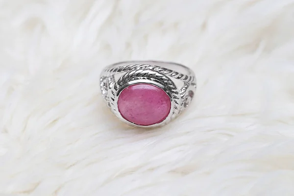 Pink stone on silver ring — 스톡 사진